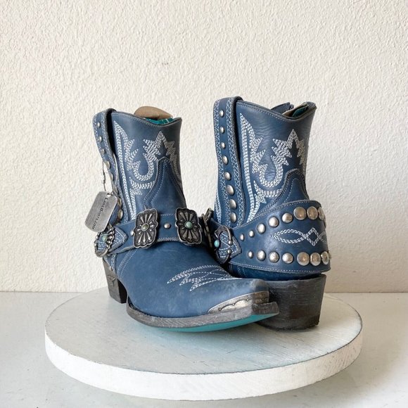 Lane Boots Shoes - NEW Lane Silver Mesa Western Bootie 8.5 Blue Leather Ankle Cowboy Boots Snip Toe